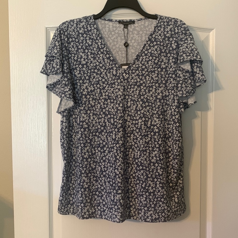 NWT- Adrianna Papell- Dusty blue and white cute ruffled sleeve top